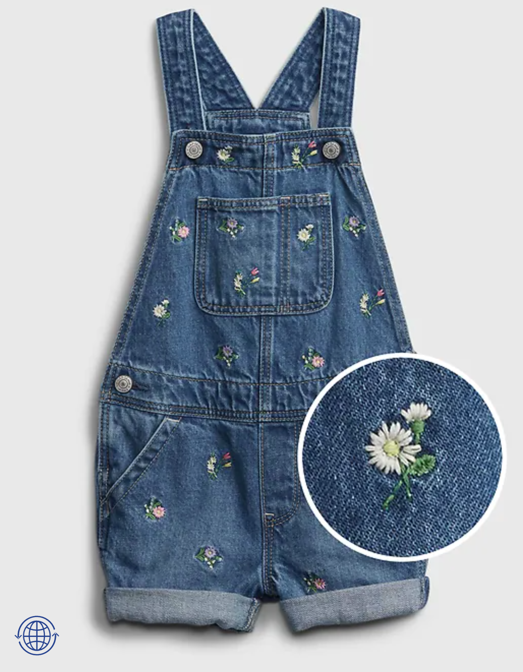 Toddler embroidered floral shortall with washwell. Png